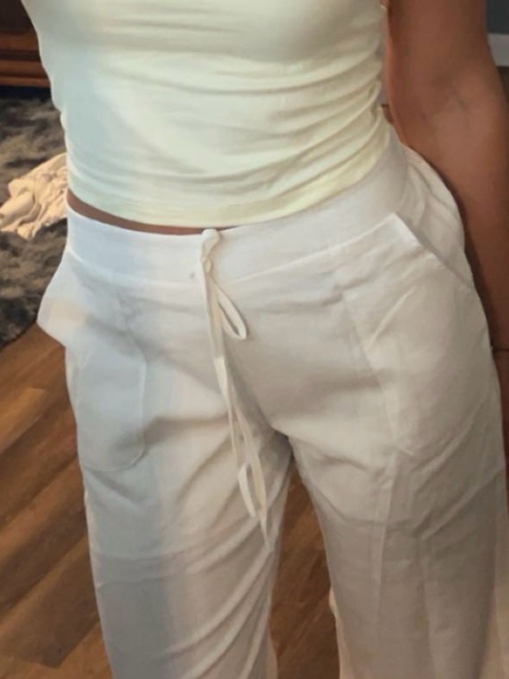 Women's White Linen-Blend Drawstring Wide-Leg Pants